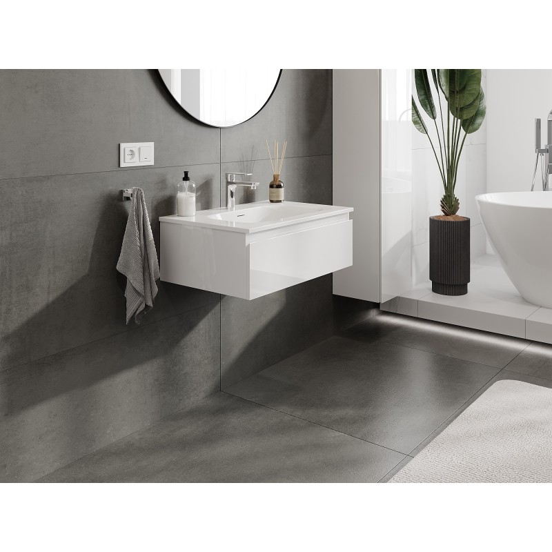 Mexen Orio Badezimmerschrank 70 cm mit Waschbecken Vela, 1 Schublade, Weiß Hochglanz - 91A10-07023-1-BF00-W23M00