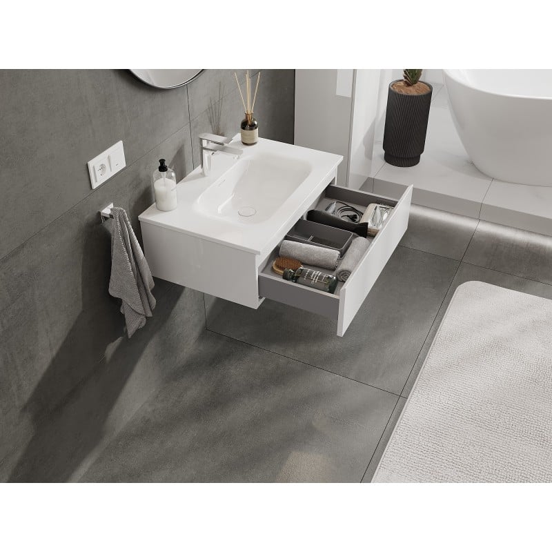 Mexen Orio Badezimmerschrank 70 cm mit Waschbecken Vela, 1 Schublade, Weiß Hochglanz - 91A10-07023-1-BF00-W23M00