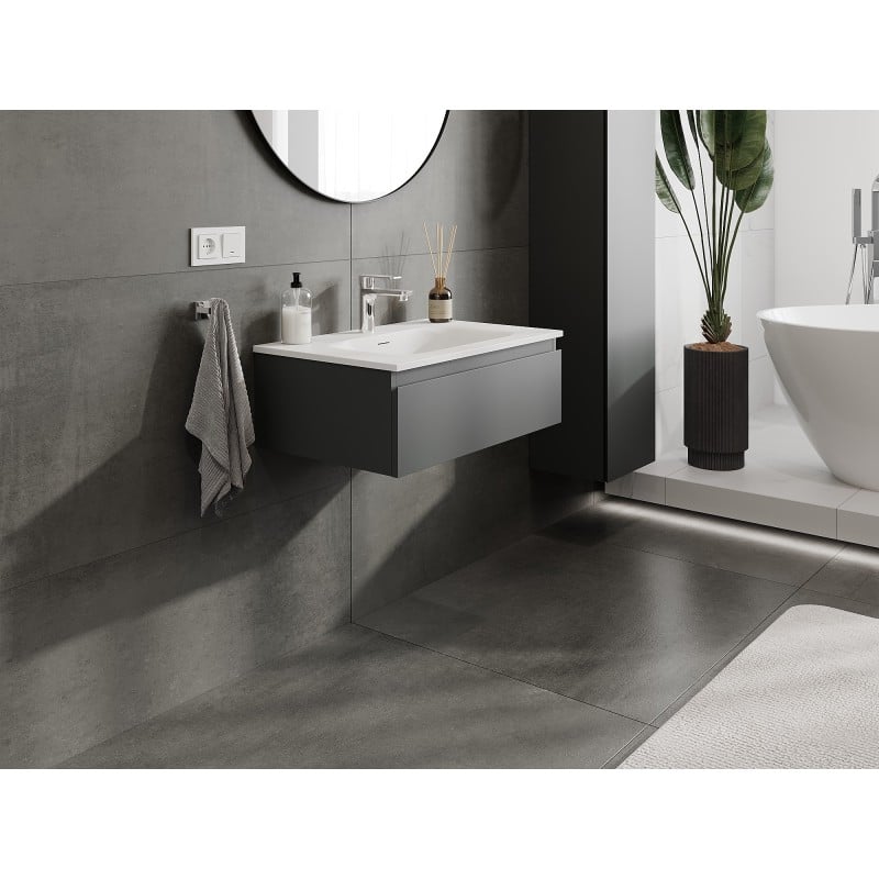 Mexen Orio Badezimmerschrank 70 cm mit Waschbecken Vela, 1 Schublade, Graphit matt/weiß matt - 91A10-07023-1-BF66-W23M01
