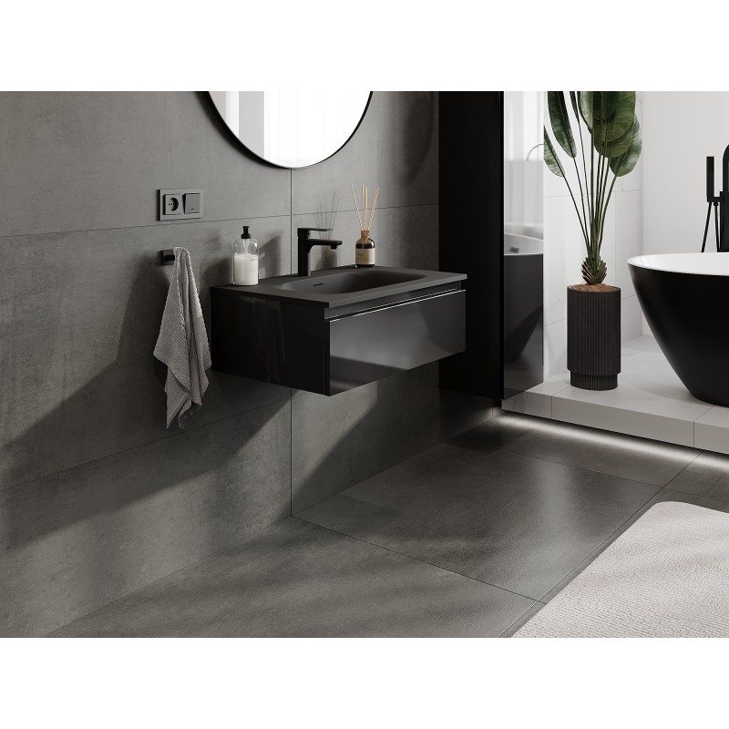 Mexen Orio Badschrank 70 cm mit Waschbecken Vela, 1 Schublade, schwarz glänzend/schwarz matt - 91A10-07023-1-BF70-W23M71