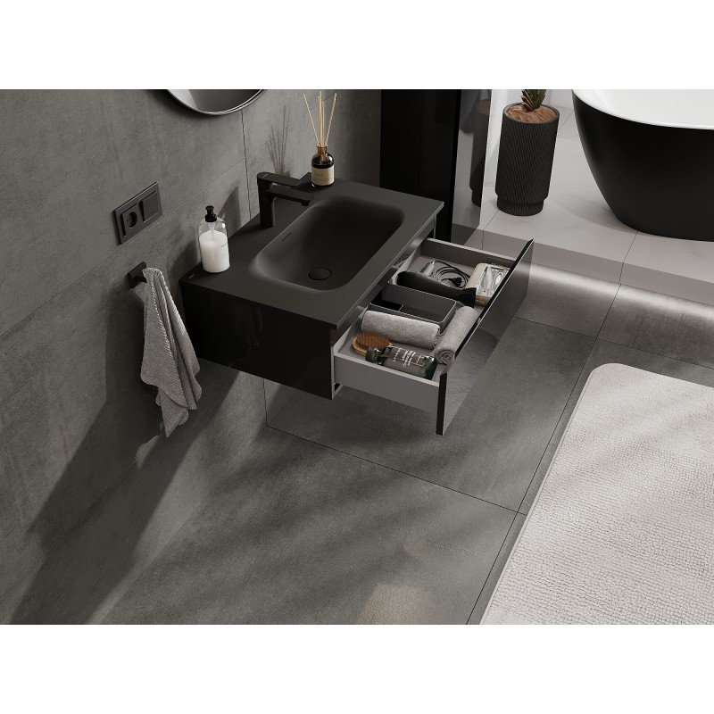 Mexen Orio Badschrank 70 cm mit Waschbecken Vela, 1 Schublade, schwarz glänzend/schwarz matt - 91A10-07023-1-BF70-W23M71