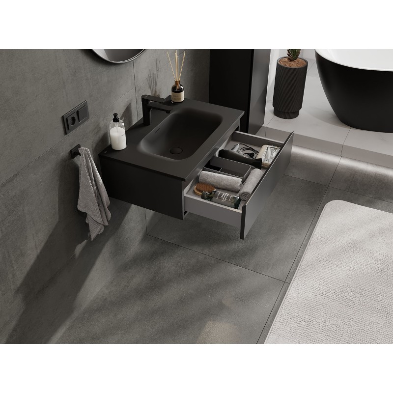 Mexen Orio Badezimmerschrank 70 cm mit Waschbecken Vela, 1 Schublade, schwarz matt - 91A10-07023-1-BF71-W23M71