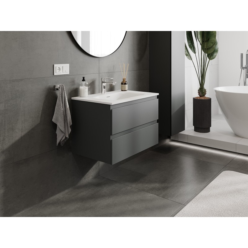 Mexen Orio Badezimmerschrank 70 cm mit Waschbecken Vela, 2 Schubladen, matt graphit/matt weiß - 91A10-07047-2-BFF66-W23M01