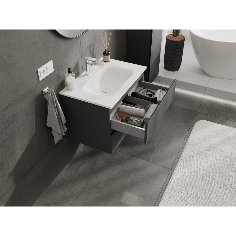 Mexen Orio Badezimmerschrank 70 cm mit Waschbecken Vela, 2 Schubladen, matt graphit/matt weiß - 91A10-07047-2-BFF66-W23M01