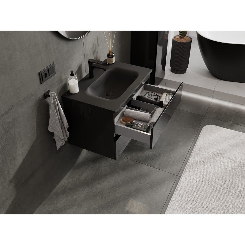 Mexen Orio Badezimmerschrank 70 cm mit Waschbecken Vela, 2 Schubladen, Schwarz Glanz/Schwarz Matt - 91A10-07047-2-BFF70-W23M71