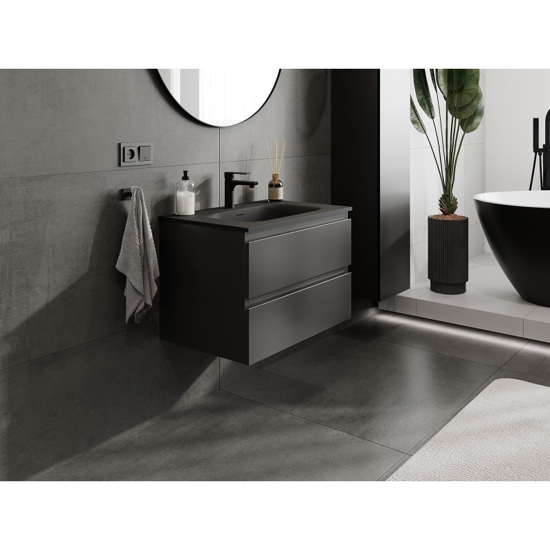 Mexen Orio Badezimmerschrank 70 cm mit Waschbecken Vela, 2 Schubladen, schwarz matt - 91A10-07047-2-BFF71-W23M71