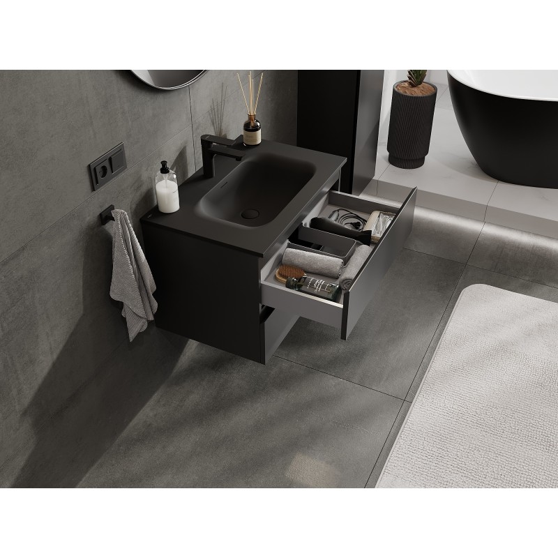 Mexen Orio Badezimmerschrank 70 cm mit Waschbecken Vela, 2 Schubladen, schwarz matt - 91A10-07047-2-BFF71-W23M71