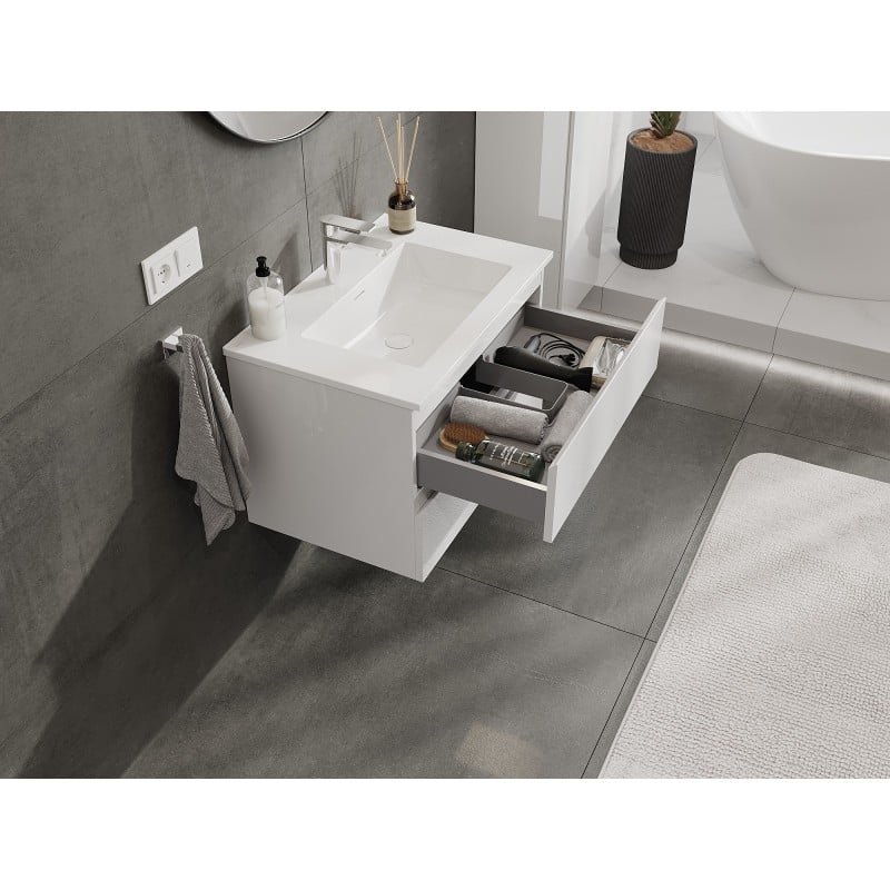 Mexen Orio Badezimmerunterschrank 70 cm mit Waschbecken Otis, 2 Schubladen, weiß glänzend - 91A10-07047-2-BFF00-W18M00