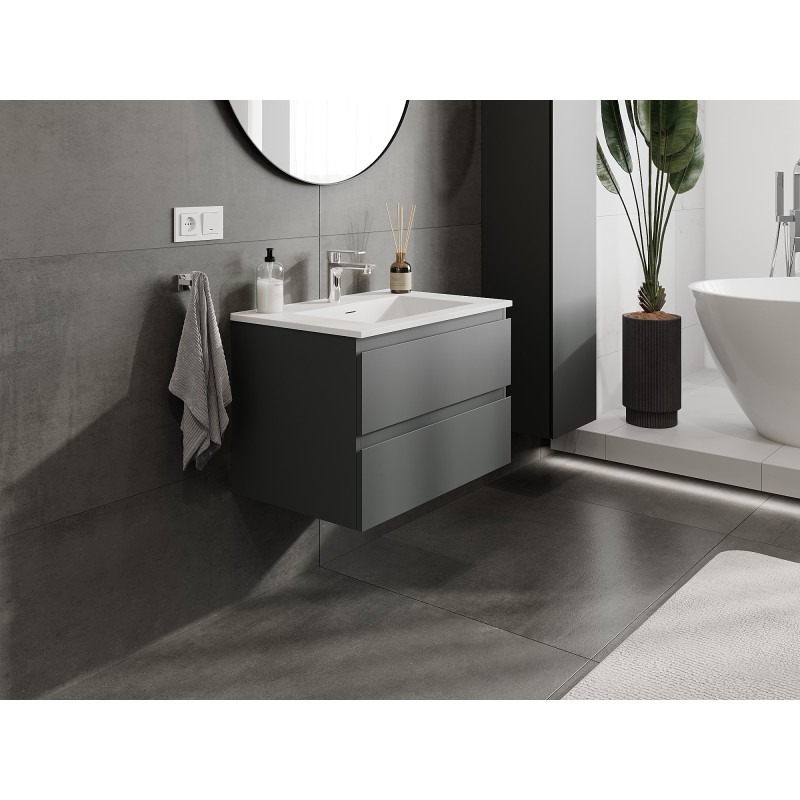 Mexen Orio Badezimmerschrank 70 cm mit Waschbecken Otis, 2 Schubladen, Graphit Matt/Weiß Matt - 91A10-07047-2-BFF66-W18M01