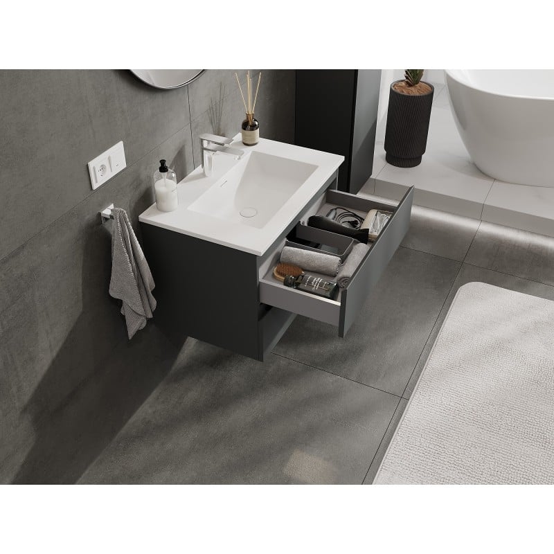 Mexen Orio Badezimmerschrank 70 cm mit Waschbecken Otis, 2 Schubladen, Graphit Matt/Weiß Matt - 91A10-07047-2-BFF66-W18M01