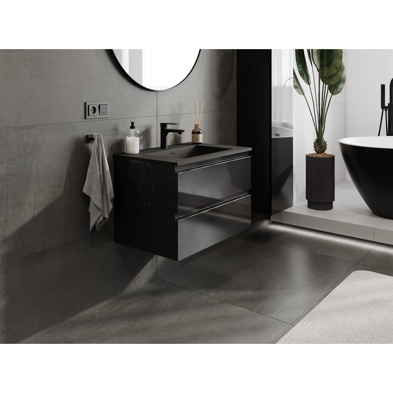 Mexen Orio Badezimmerschrank 70 cm mit Waschbecken Otis, 2 Schubladen, schwarzer Hochglanz/schwarzmatt
