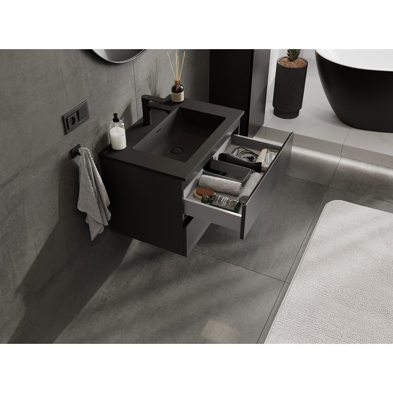 Mexen Orio Badezimmerschrank 70 cm mit Waschbecken Otis, 2 Schubladen, schwarz matt - 91A10-07047-2-BFF71-W18M71