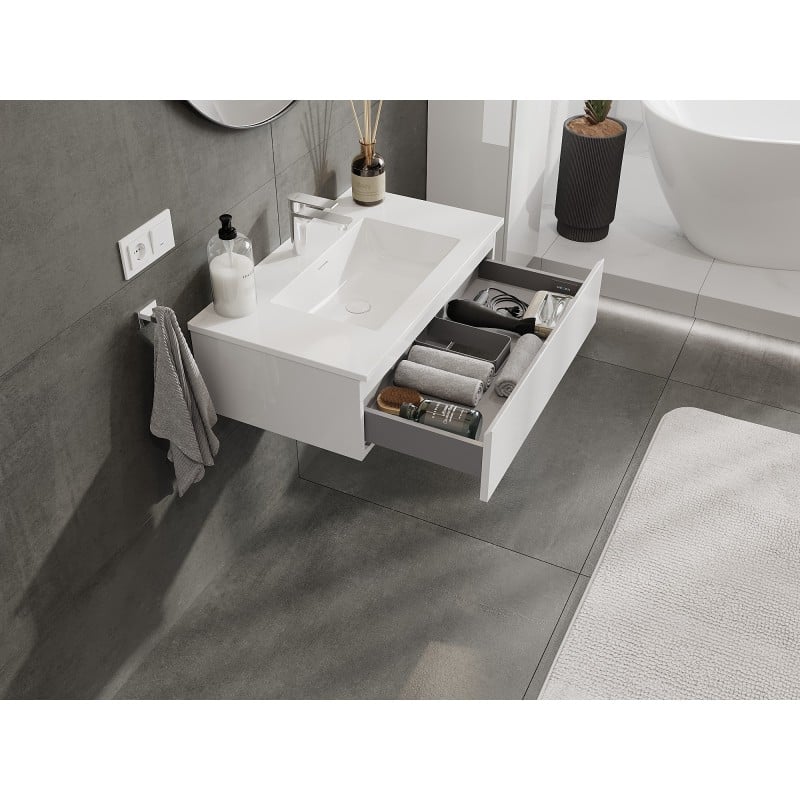 Mexen Orio Badezimmerschrank 80 cm mit Waschbecken Otis, 1 Schublade, weiß glänzend - 91A10-08023-1-BF00-W18M00