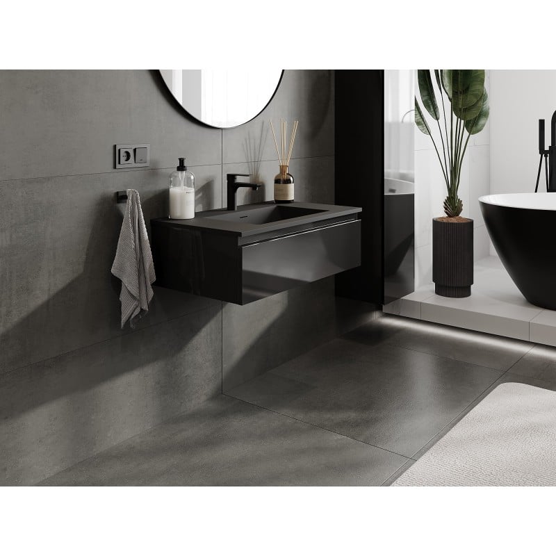 Mexen Orio Badezimmerschrank 80 cm mit Waschbecken Otis, 1 Schublade, schwarz glänzend/schwarz matt - 91A10-08023-1-BF70-W18M71