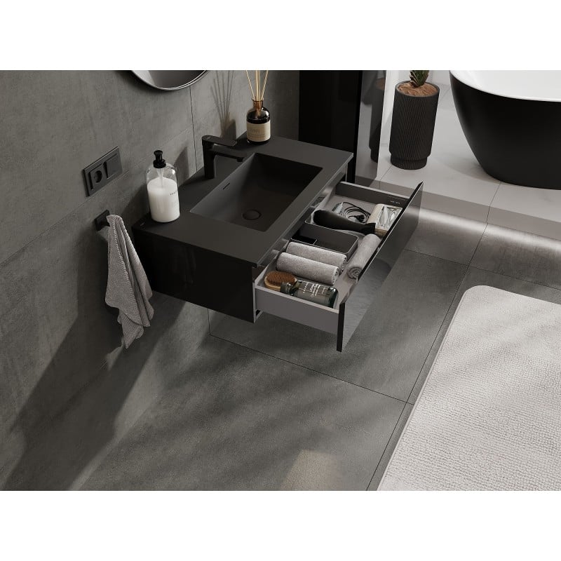 Mexen Orio Badezimmerschrank 80 cm mit Waschbecken Otis, 1 Schublade, schwarz glänzend/schwarz matt - 91A10-08023-1-BF70-W18M71