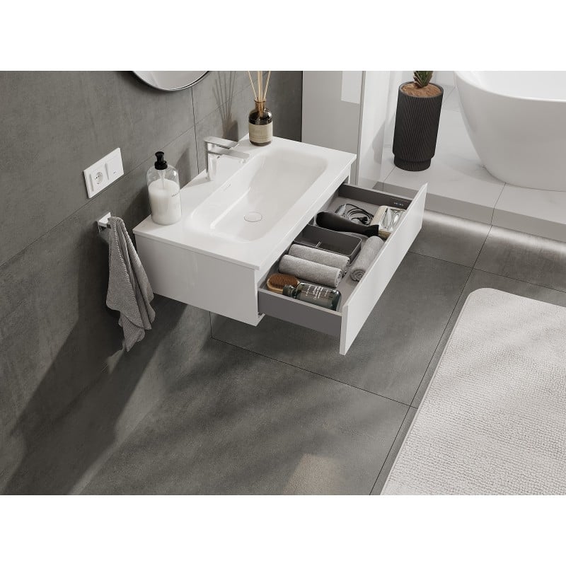 Mexen Orio Badezimmerschrank 80 cm mit Waschbecken Vela, 1 Schublade, weiß glänzend - 91A10-08023-1-BF00-W23M00