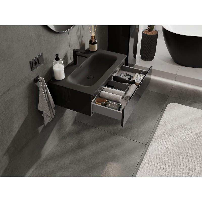 Mexen Orio Badezimmerschrank 80 cm mit Waschbecken Vela, 1 Schublade, Schwarz glänzend/Schwarz matt - 91A10-08023-1-BF70-W23M71