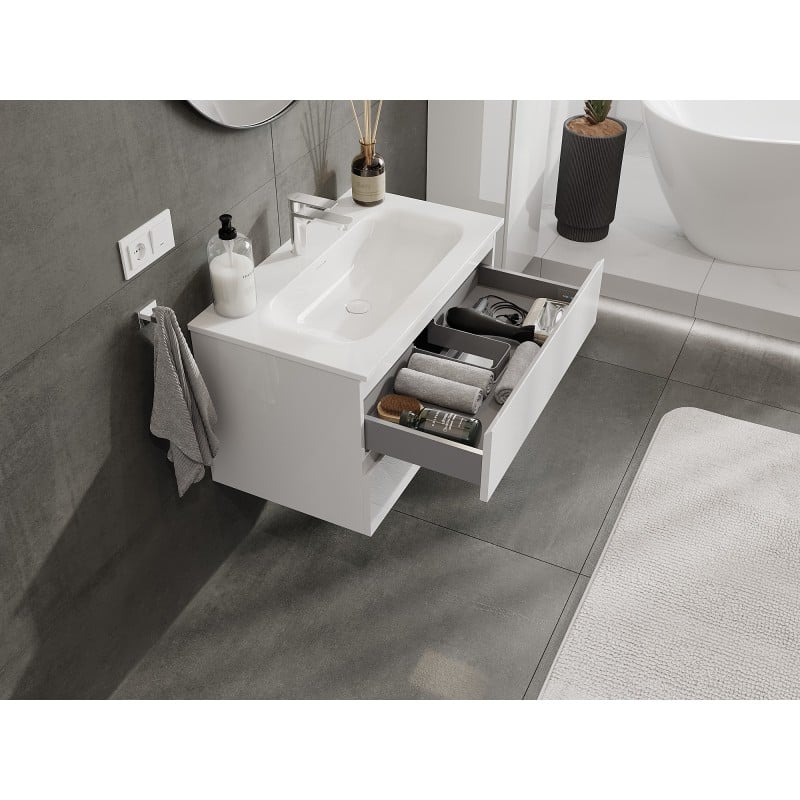 Mexen Orio Badezimmer-Schrank 80 cm mit Waschbecken Vela, 2 Schubladen, weiß glänzend - 91A10-08047-2-BFF00-W23M00