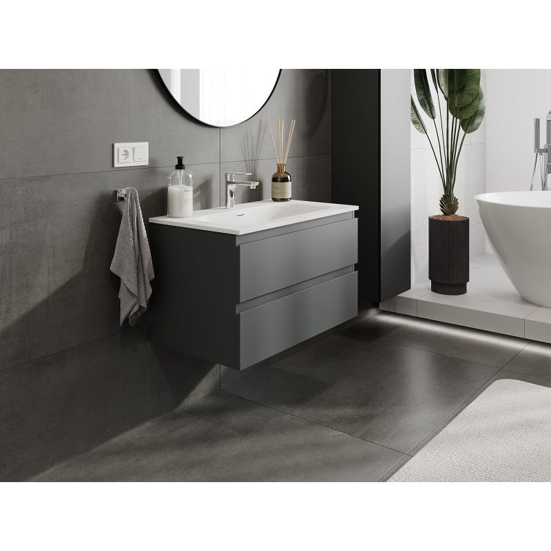 Mexen Orio Badezimmerschrank 80 cm mit Waschbecken Vela, 2 Schubladen, Graphit matt/weiß matt - 91A10-08047-2-BFF66-W23M01