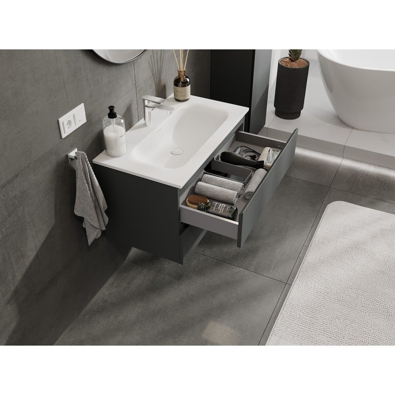 Mexen Orio Badezimmerschrank 80 cm mit Waschbecken Vela, 2 Schubladen, Graphit matt/weiß matt - 91A10-08047-2-BFF66-W23M01
