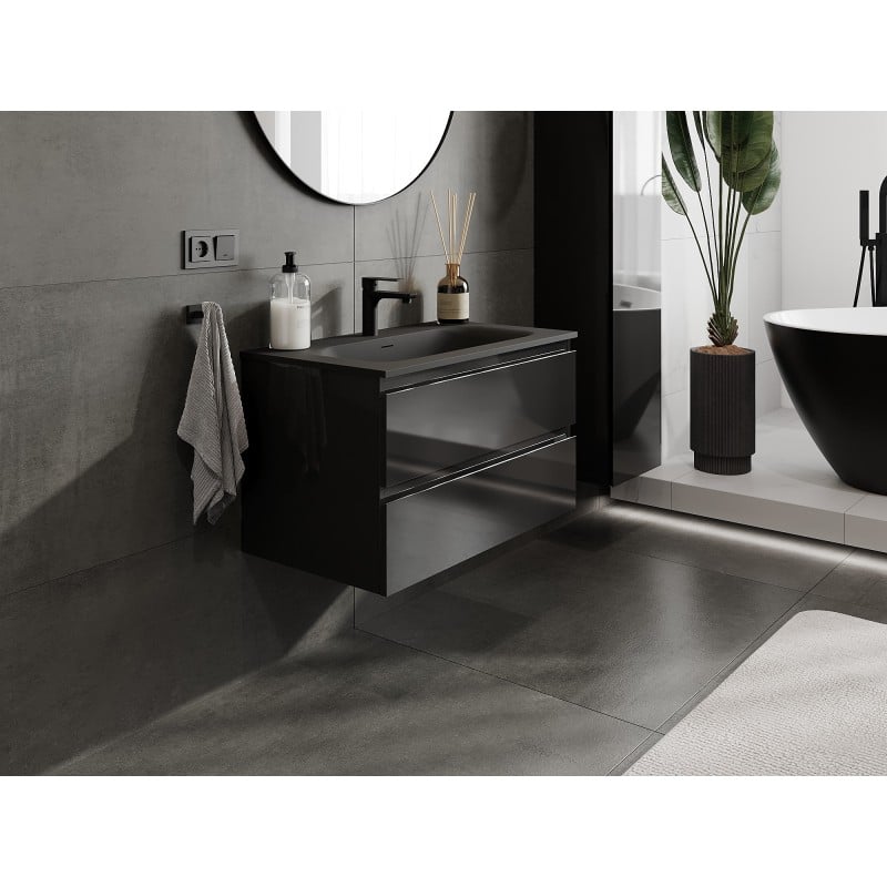 Mexen Orio Badezimmermöbel 80 cm mit Waschbecken Vela, 2 Schubladen, schwarz glänzend/schwarz matt - 91A10-08047-2-BFF70-W23M71