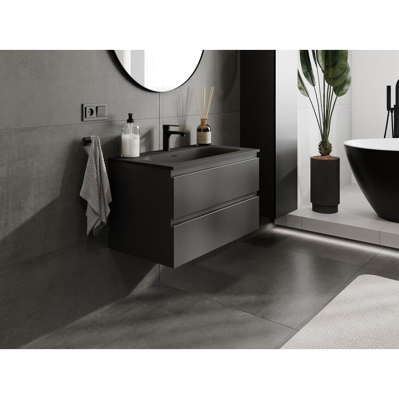 Mexen Orio Badezimmerschrank 80 cm mit Waschbecken Vela, 2 Schubladen, schwarz matt - 91A10-08047-2-BFF71-W23M71
