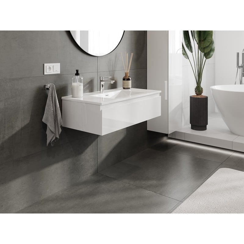 Mexen Orio Badezimmerschrank 90 cm mit Waschbecken Otis, 1 Schublade, weiß glänzend - 91A10-09023-1-BF00-W18M00