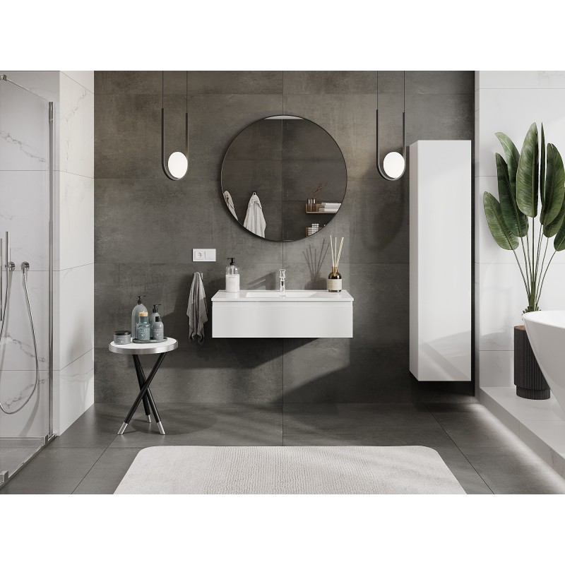 Mexen Orio Badezimmerschrank 90 cm mit Waschbecken Otis, 1 Schublade, weiß glänzend - 91A10-09023-1-BF00-W18M00