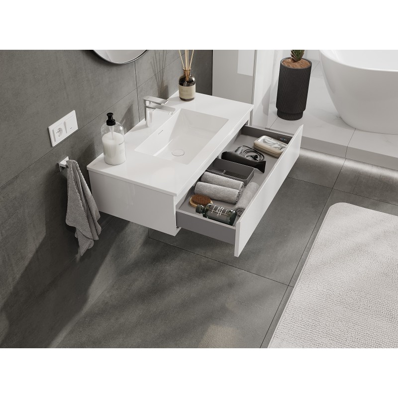 Mexen Orio Badezimmerschrank 90 cm mit Waschbecken Otis, 1 Schublade, weiß glänzend - 91A10-09023-1-BF00-W18M00