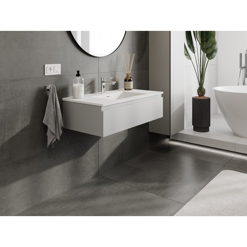 Mexen Orio Badezimmerschrank 90 cm mit Waschbecken Otis, 1 Schublade, grau matt/weiß matt - 91A10-09023-1-BF62-W18M01