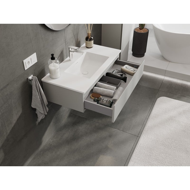Mexen Orio Badezimmerschrank 90 cm mit Waschbecken Otis, 1 Schublade, grau matt/weiß matt - 91A10-09023-1-BF62-W18M01