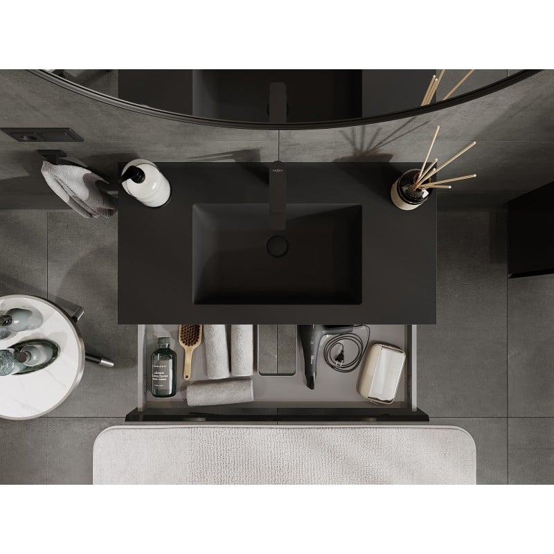 Mexen Orio Badezimmerschrank 90 cm mit Waschbecken Otis, 1 Schublade, schwarz glänzend/schwarz matt - 91A10-09023-1-BF70-W18M71