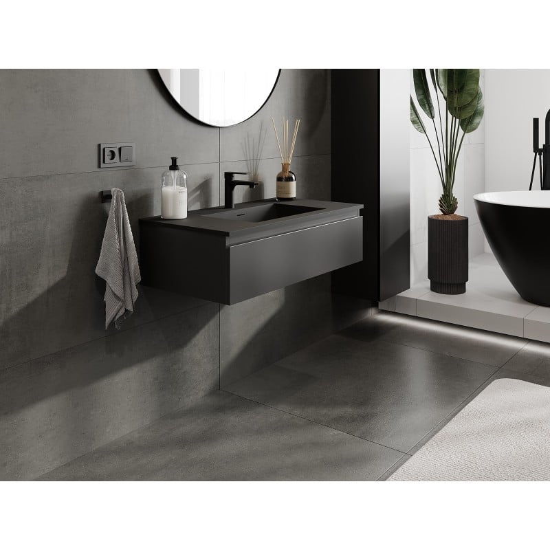 Mexen Orio Badezimmerschrank 90 cm mit Waschbecken Otis, 1 Schublade, schwarz matt - 91A10-09023-1-BF71-W18M71