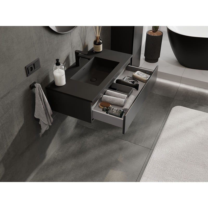 Mexen Orio Badezimmerschrank 90 cm mit Waschbecken Otis, 1 Schublade, schwarz matt - 91A10-09023-1-BF71-W18M71