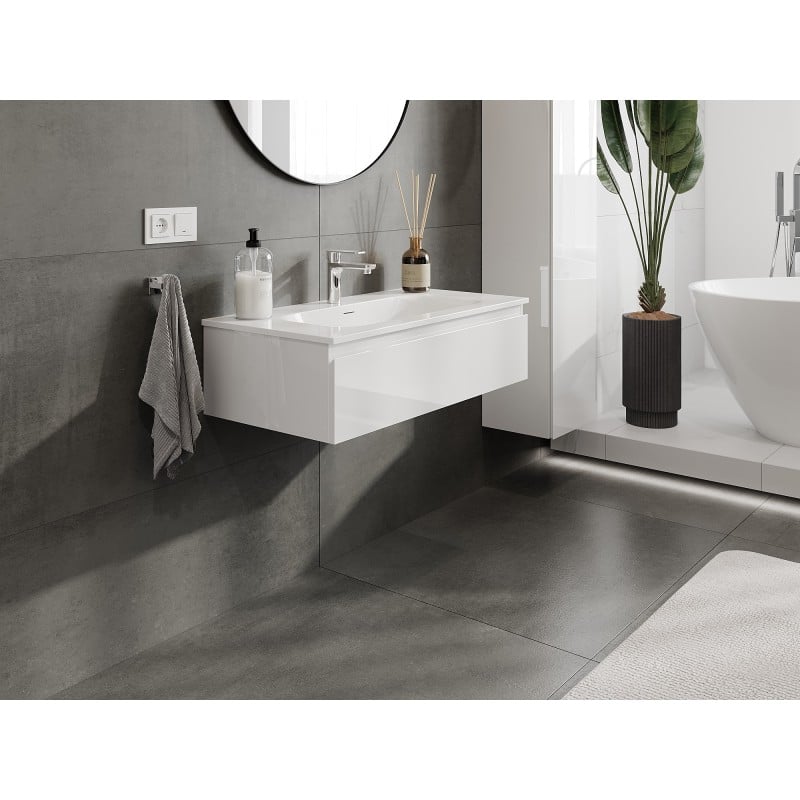 Mexen Orio Badezimmerschrank 90 cm mit Waschbecken Vela, 1 Schublade, Weiß Hochglanz - 91A10-09023-1-BF00-W23M00