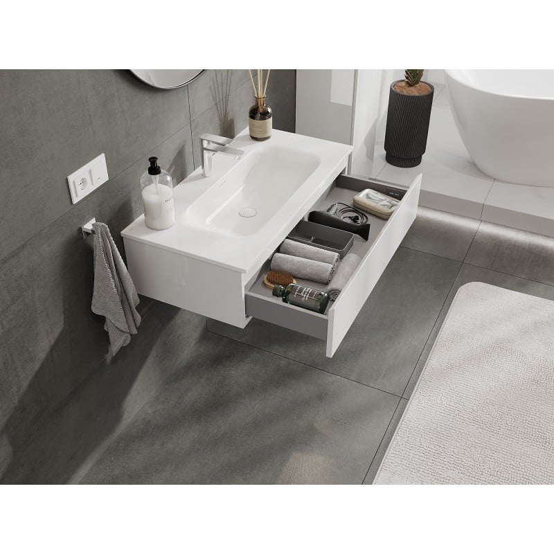 Mexen Orio Badezimmerschrank 90 cm mit Waschbecken Vela, 1 Schublade, Weiß Hochglanz - 91A10-09023-1-BF00-W23M00