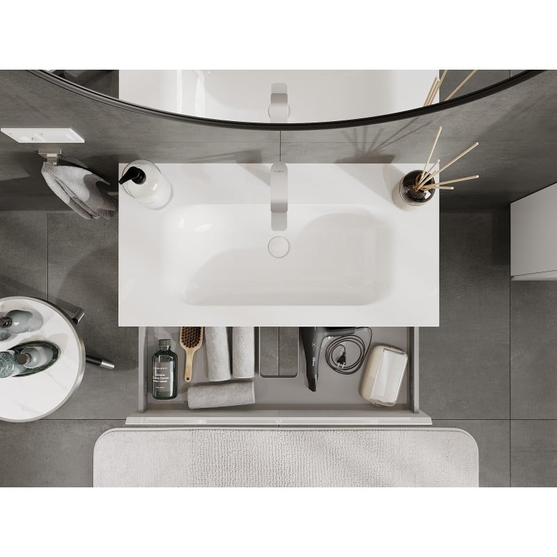 Mexen Orio Badezimmerschrank 90 cm mit Waschbecken Vela, 1 Schublade, Weiß Hochglanz - 91A10-09023-1-BF00-W23M00