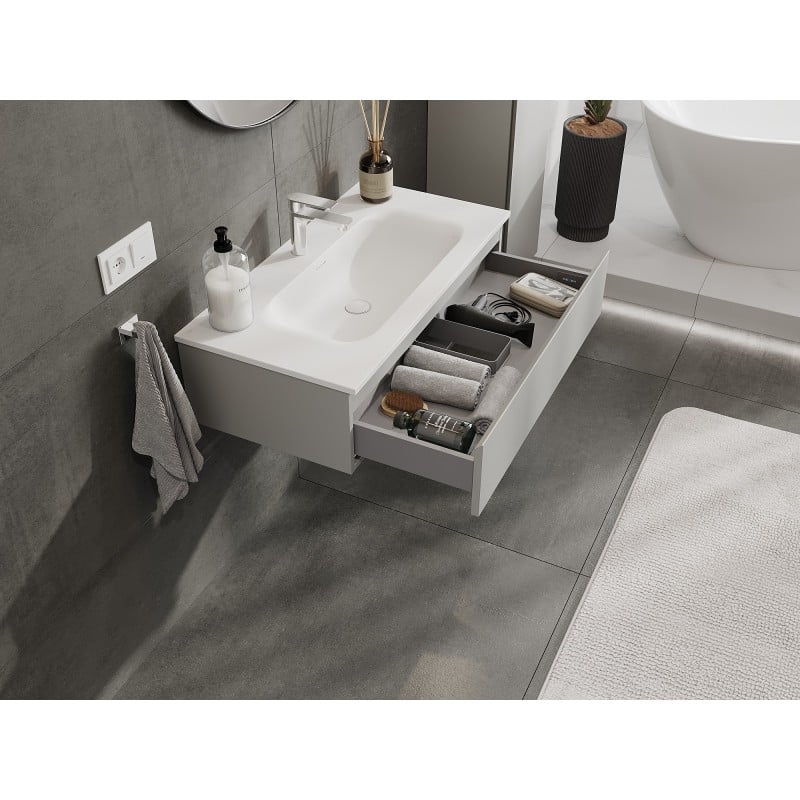 Mexen Orio Badezimmerschrank 90 cm mit Waschbecken Vela, 1 Schublade, grau matt/weiß matt - 91A10-09023-1-BF62-W23M01