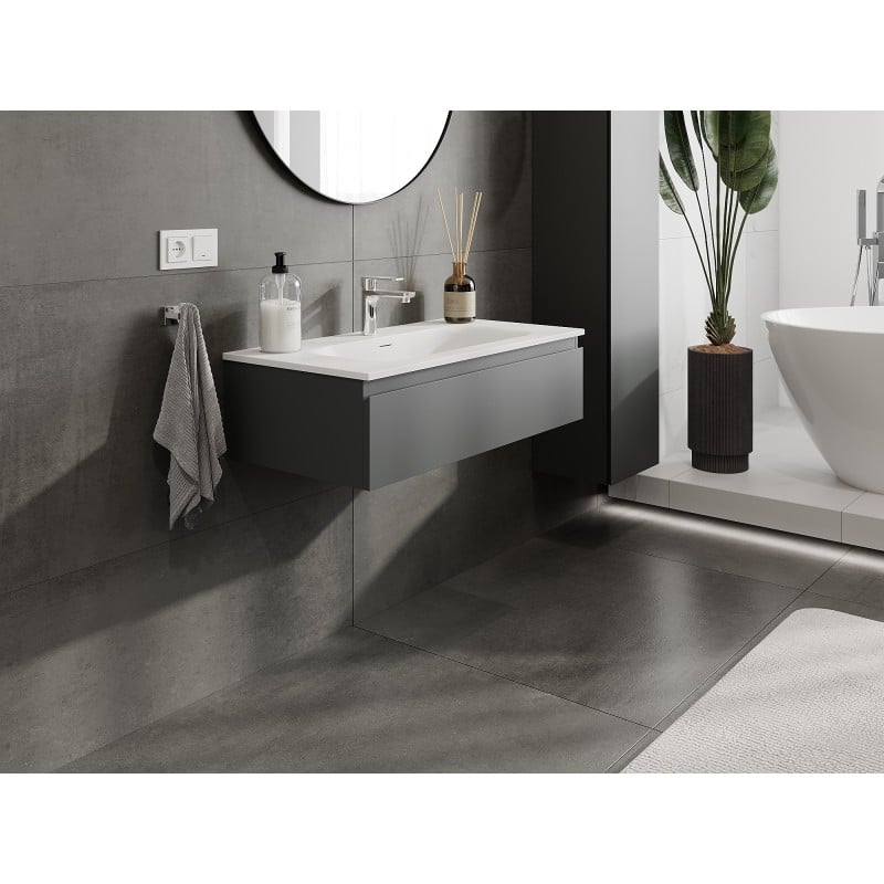 Mexen Orio Badezimmerschrank 90 cm mit Waschbecken Vela, 1 Schublade, Grafit matt/Weiß matt - 91A10-09023-1-BF66-W23M01