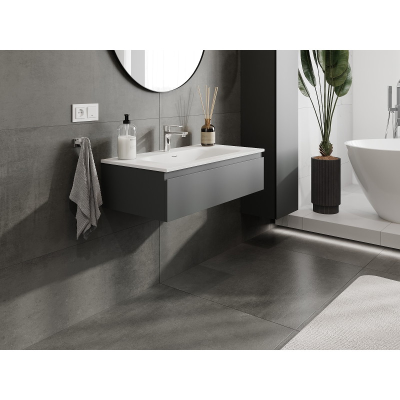Mexen Orio Badezimmerschrank 90 cm mit Waschbecken Vela, 1 Schublade, Graphit matt/Weiß matt - 91A10-09023-1-BF66-W23M01