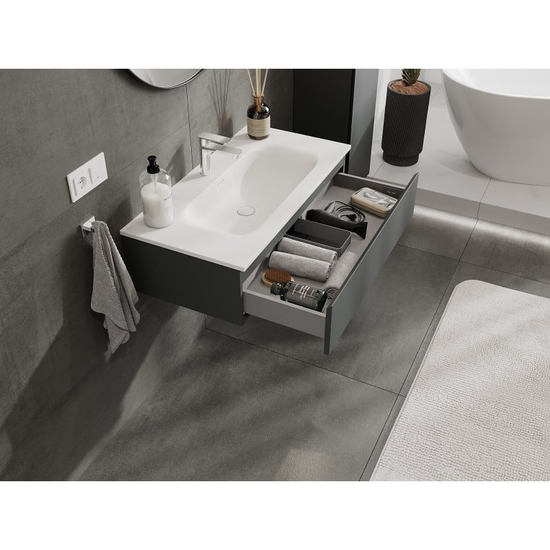 Mexen Orio Badezimmerschrank 90 cm mit Waschbecken Vela, 1 Schublade, Grafit matt/Weiß matt - 91A10-09023-1-BF66-W23M01