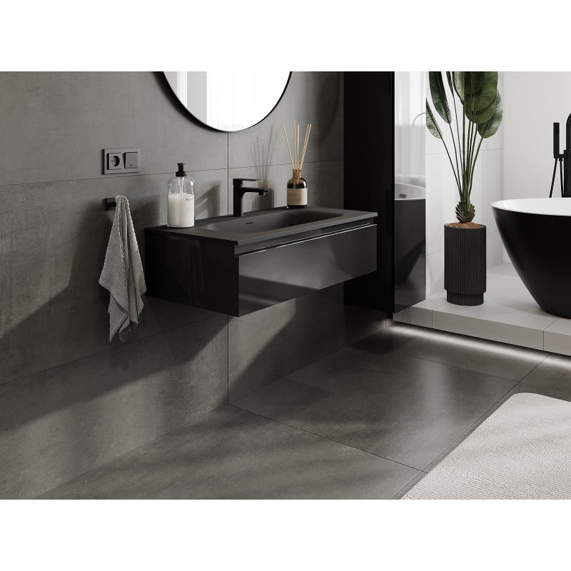 Mexen Orio Badezimmerschrank 90 cm mit Waschbecken Vela, 1 Schublade, schwarz glänzend/schwarz matt - 91A10-09023-1-BF70-W23M71