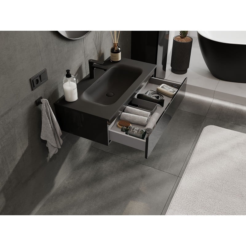 Mexen Orio Badezimmerschrank 90 cm mit Waschbecken Vela, 1 Schublade, schwarz glänzend/schwarz matt - 91A10-09023-1-BF70-W23M71