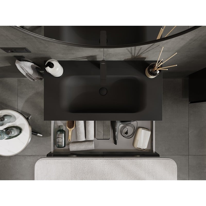 Mexen Orio Badezimmerschrank 90 cm mit Waschbecken Vela, 1 Schublade, schwarz glänzend/schwarz matt - 91A10-09023-1-BF70-W23M71