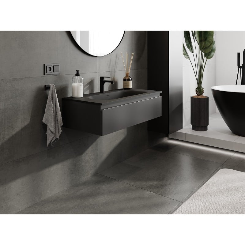 Mexen Orio Badezimmerunterschrank 90 cm mit Waschbecken Vela, 1 Schublade, schwarz matt - 91A10-09023-1-BF71-W23M71