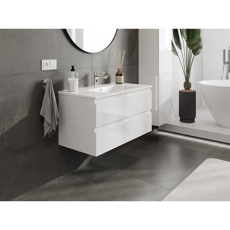 Mexen Orio Badezimmerschrank 90 cm mit Waschbecken Otis, 2 Schubladen, weiß glänzend - 91A10-09047-2-BFF00-W18M00