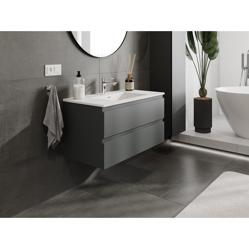Mexen Orio 90 cm Badezimmerschrank mit Otis Waschbecken, 2 Schubladen, grafit matt/weiß matt - 91A10-09047-2-BFF66-W18M01