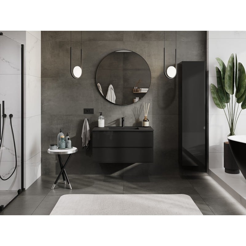 Mexen Orio Badezimmerschrank 90 cm mit Waschbecken Otis, 2 Schubladen, Schwarz Hochglanz/Schwarz Matt