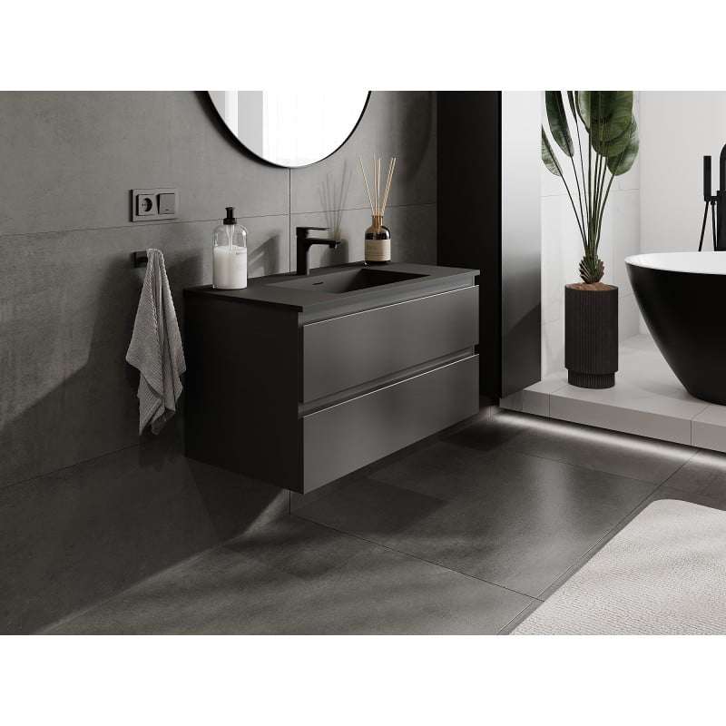 Mexen Orio Badezimmerschrank 90 cm mit Waschbecken Otis, 2 Schubladen, schwarz matt - 91A10-09047-2-BFF71-W18M71
