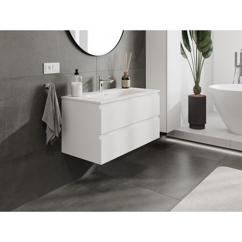 Mexen Orio Badezimmerschrank 90 cm mit Waschbecken Vela, 2 Schubladen, weiß matt - 91A10-09047-2-BFF01-W23M01
